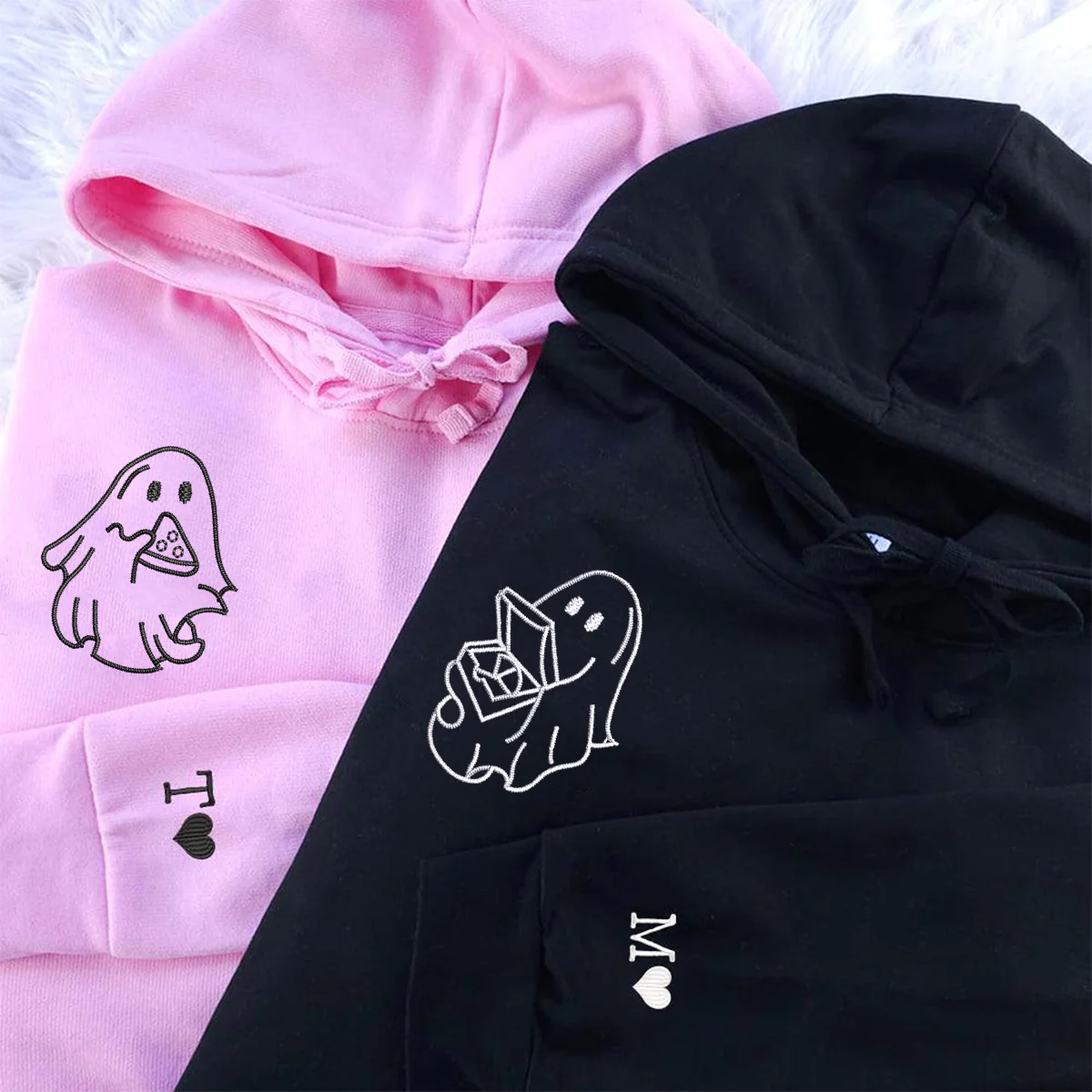 Custom Embroidered Pizza Loving Ghost Matching Hoodies for Couples - Image 2