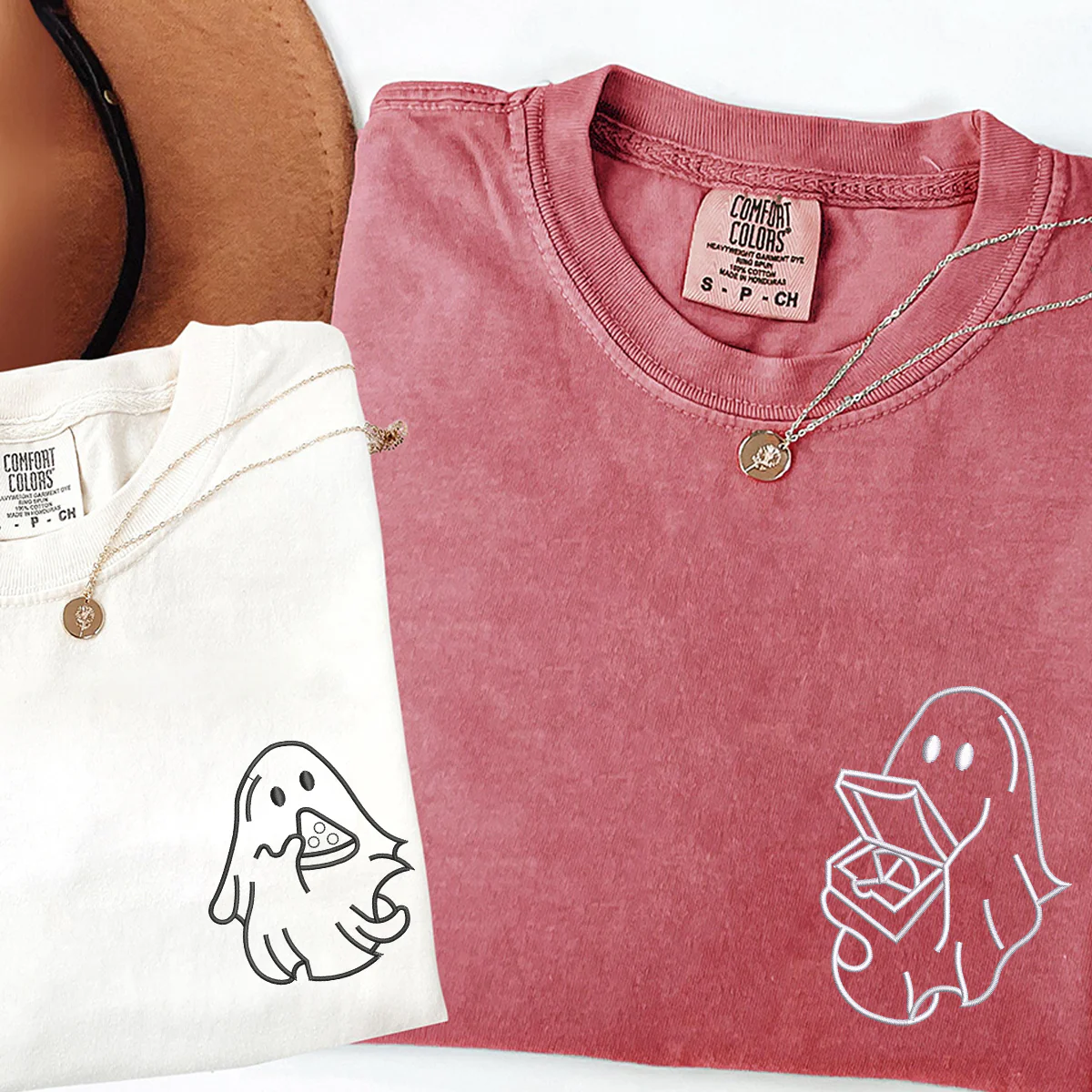 Custom Embroidered Pizza Loving Ghost Matching T-shirts for Couples