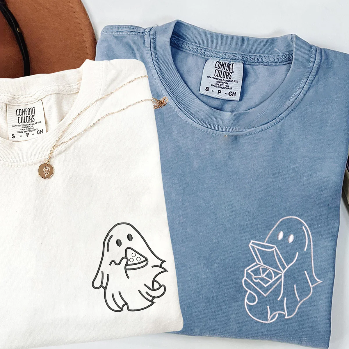 Custom Embroidered Pizza Loving Ghost Matching T-shirts for Couples - Image 2