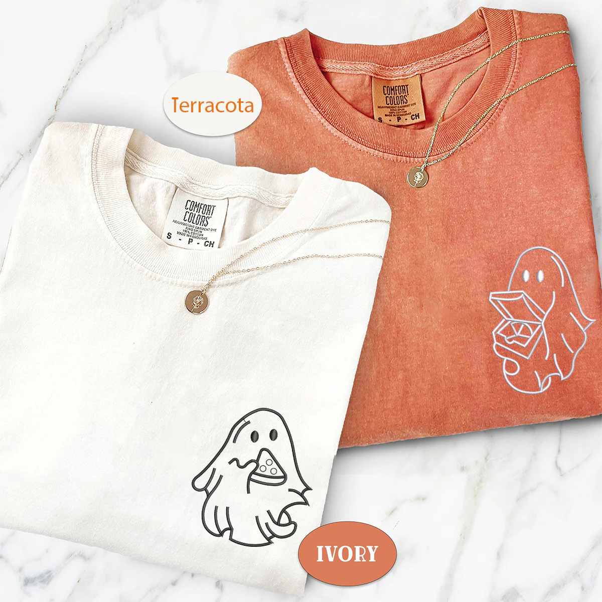 Custom Embroidered Pizza Loving Ghost Matching T-shirts for Couples - Image 3