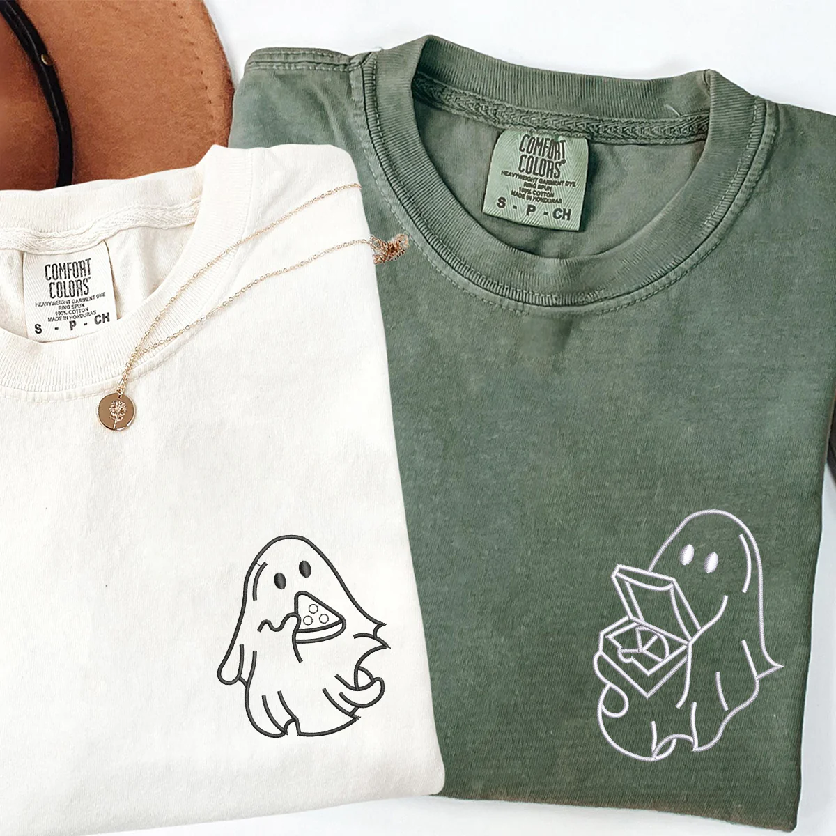 Custom Embroidered Pizza Loving Ghost Matching T-shirts for Couples - Image 4