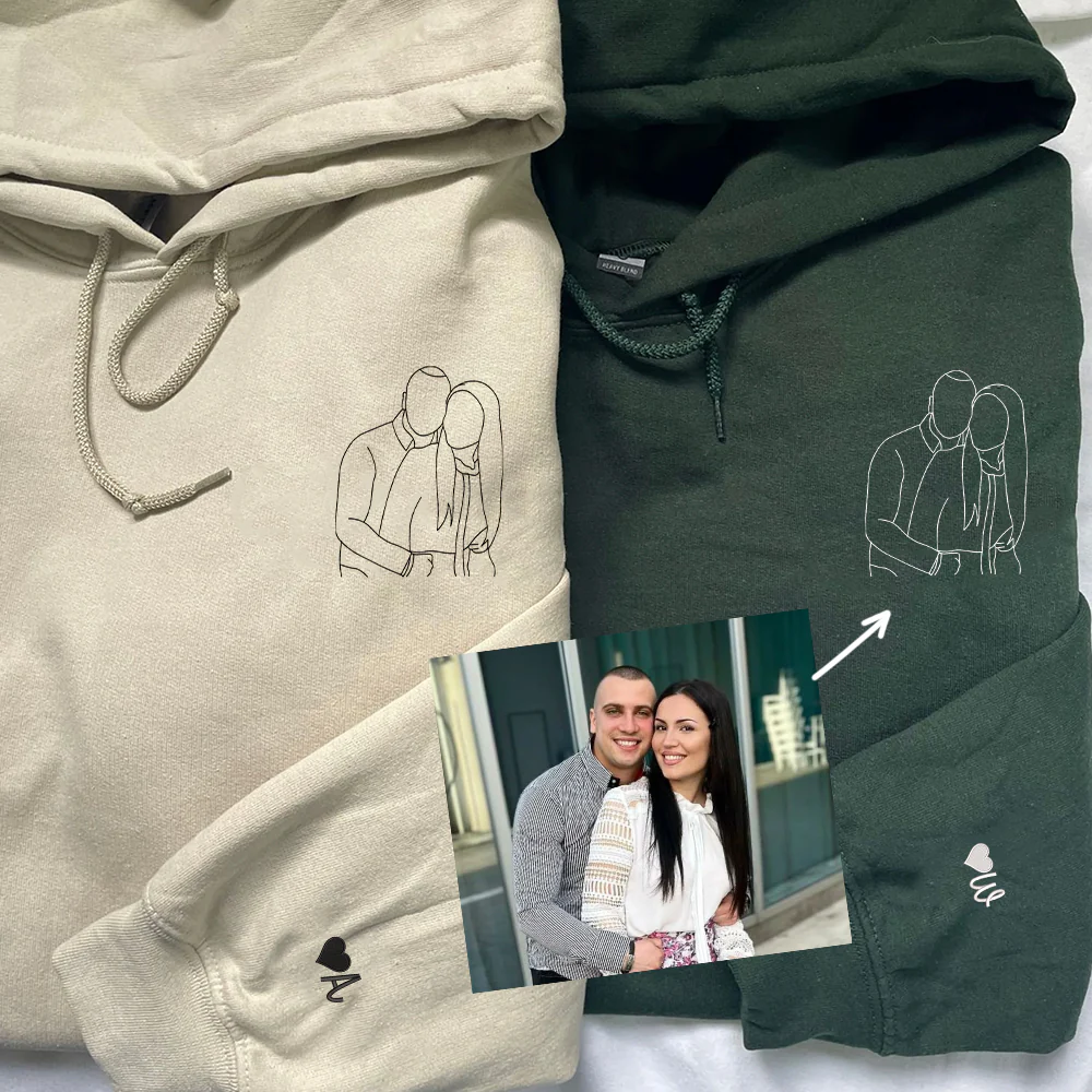 Custom Embroidered Portrait Sweatshirt for Couple, Personalized People Outline, Photo Hoodie, Embroidered Line Art - Image 2