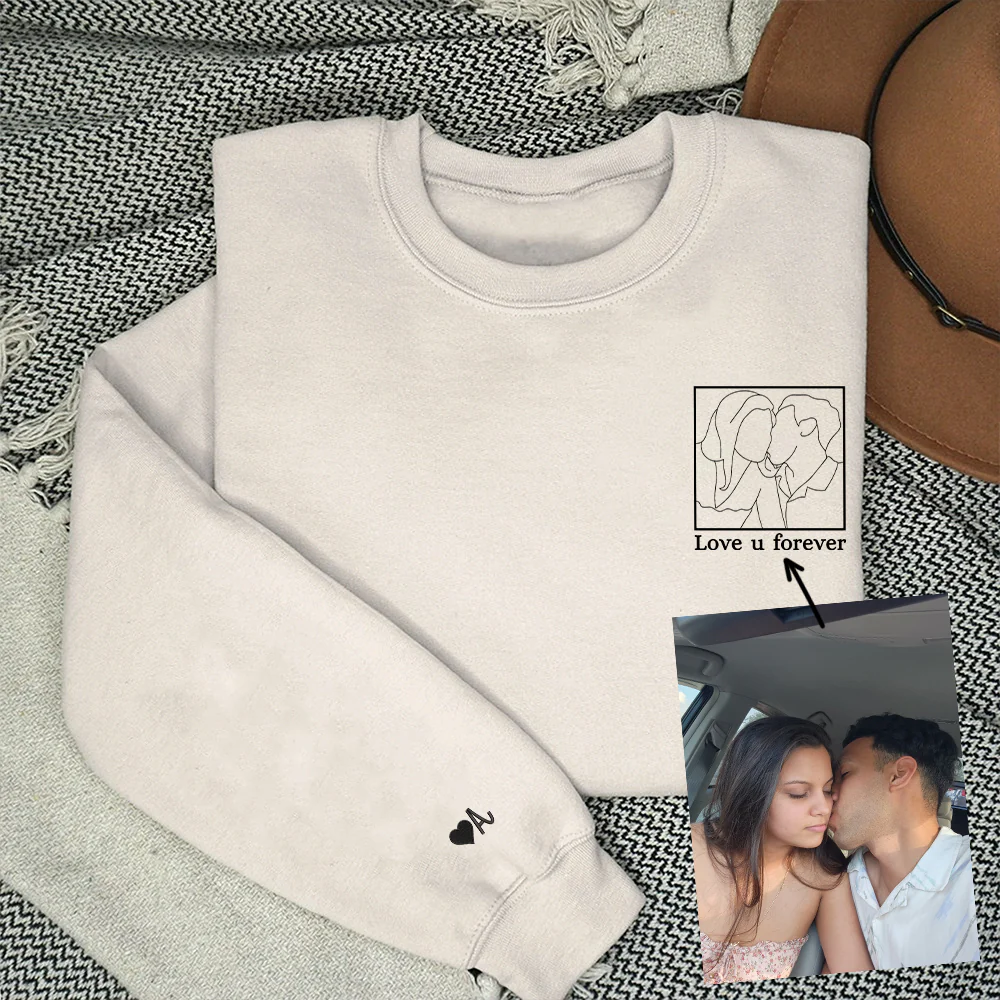 Custom Embroidered Portrait Sweatshirt for Couple, Personalized People Outline with Photo Hoodie, Embroidered Line Art Photo - Image 2