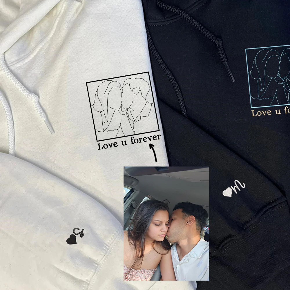 Custom Embroidered Portrait Sweatshirt for Couple, Personalized People Outline with Photo Hoodie, Embroidered Line Art Photo - Image 3