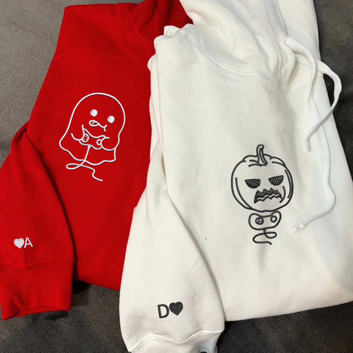 Custom Embroidered Pumpkin and Ghost Play Game Matching Hoodies for Couples - Image 6