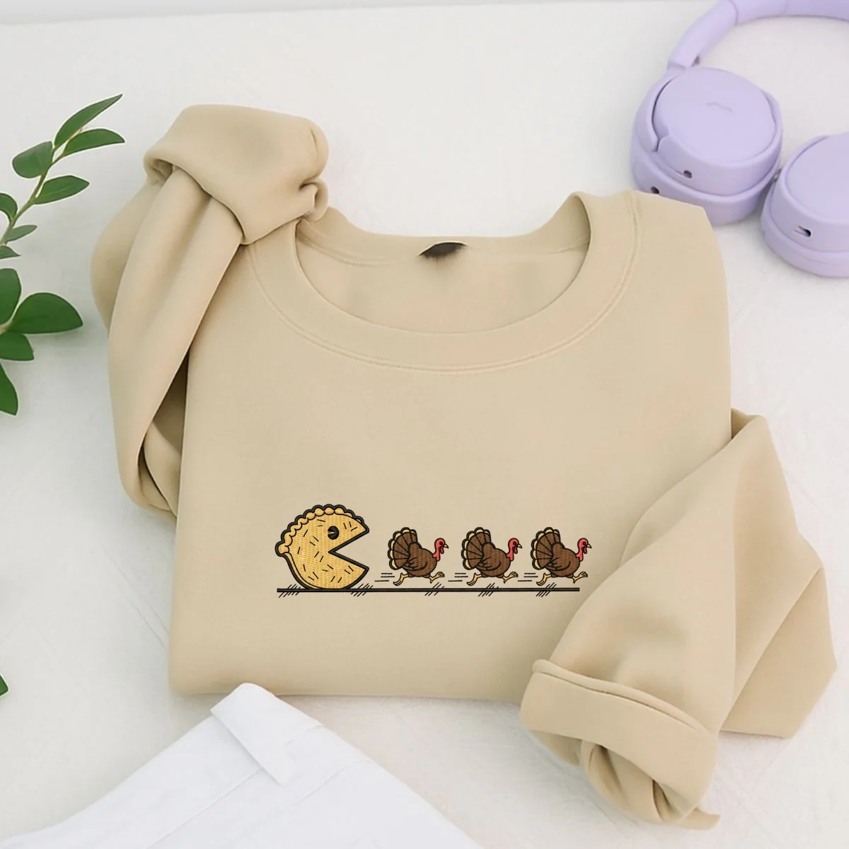Custom Embroidered Pumpkin Pie Chasing Thanksgiving Hoodie | Funny Turkey Sweatshirt – Retro Fall Vibes Gift - Image 2