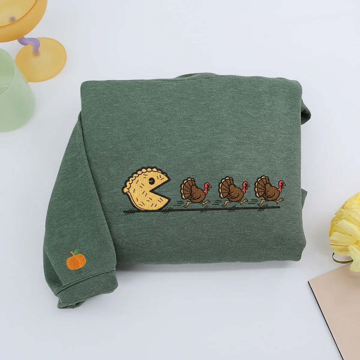 Custom Embroidered Pumpkin Pie Chasing Thanksgiving Hoodie | Funny Turkey Sweatshirt – Retro Fall Vibes Gift - Image 5