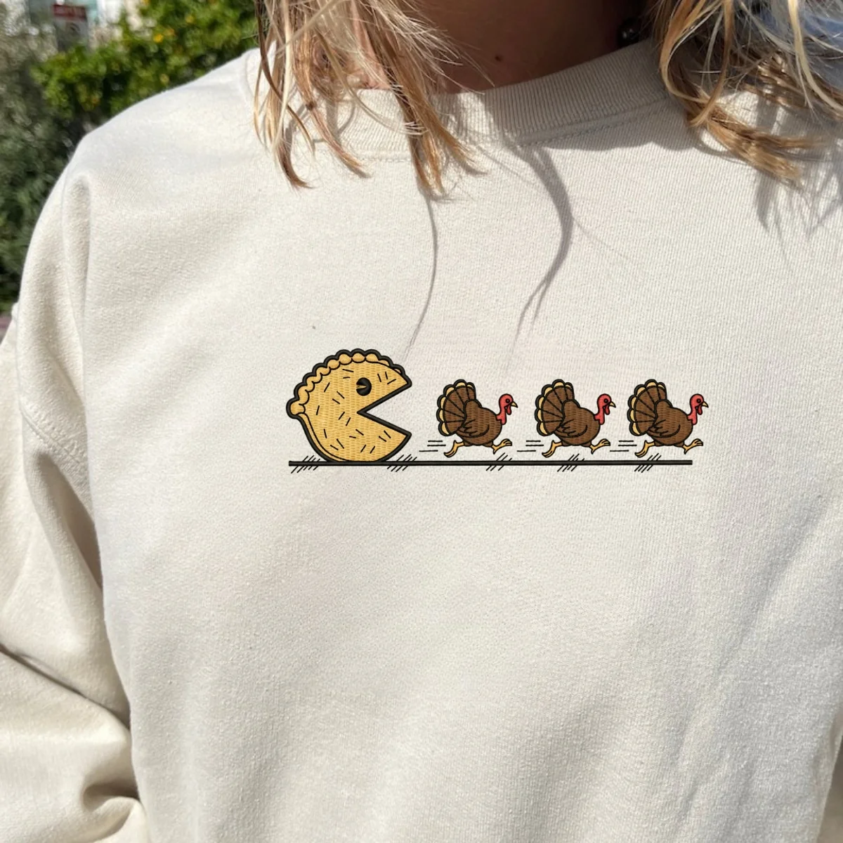 Custom Embroidered Pumpkin Pie Chasing Thanksgiving Hoodie | Funny Turkey Sweatshirt – Retro Fall Vibes Gift - Image 7