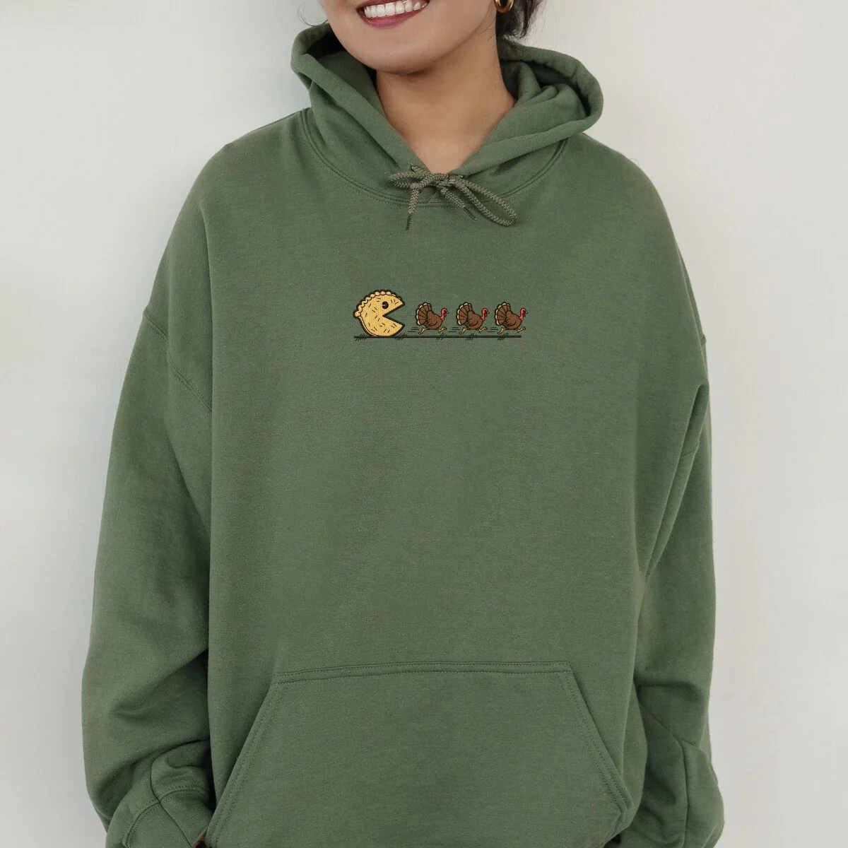 Custom Embroidered Pumpkin Pie Chasing Thanksgiving Hoodie | Funny Turkey Sweatshirt – Retro Fall Vibes Gift - Image 9