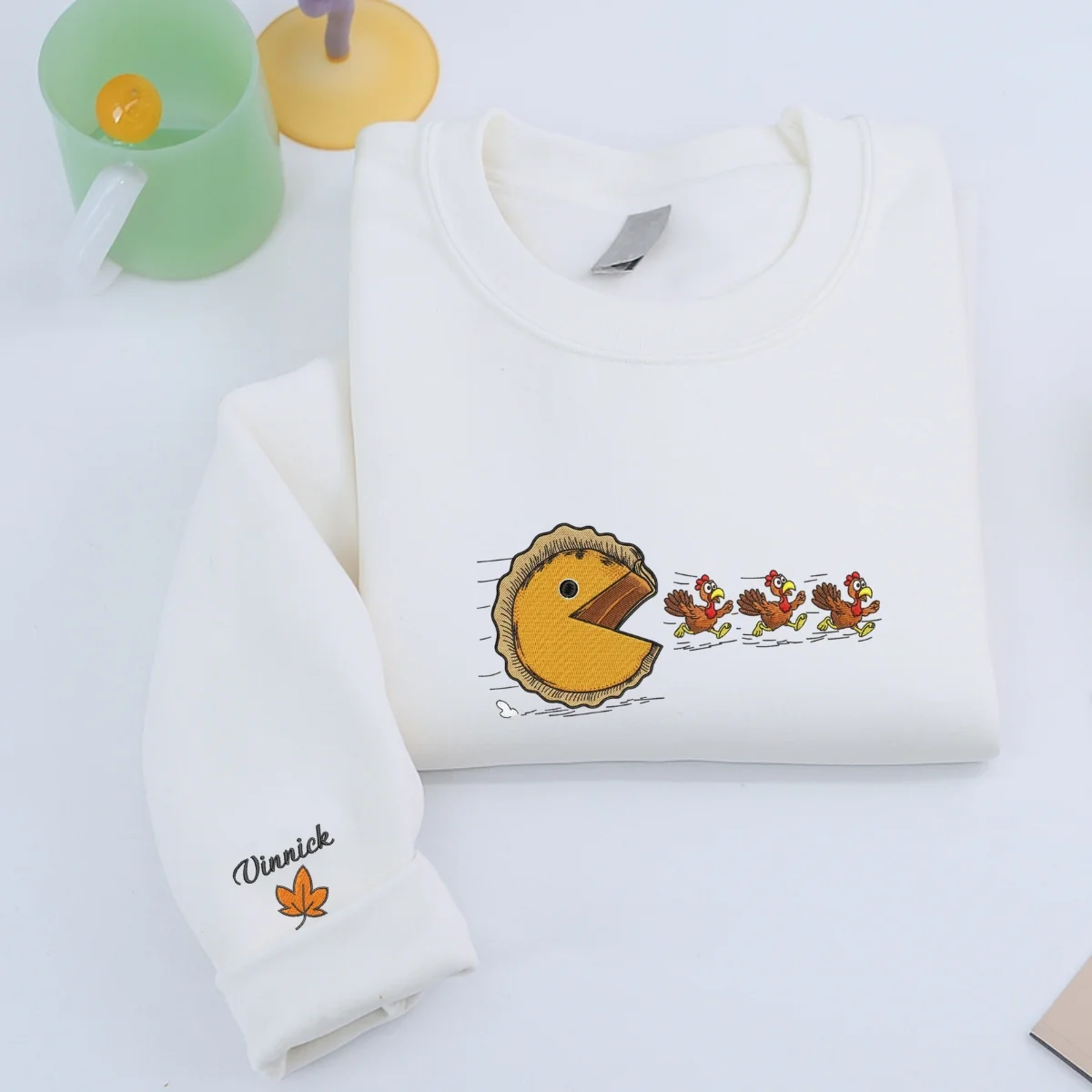 Custom Embroidered Pumpkin Pie Chasing Turkeys Hoodie | Funny Thanksgiving Sweatshirt β Fall Humor Embroidery Gift - Image 3