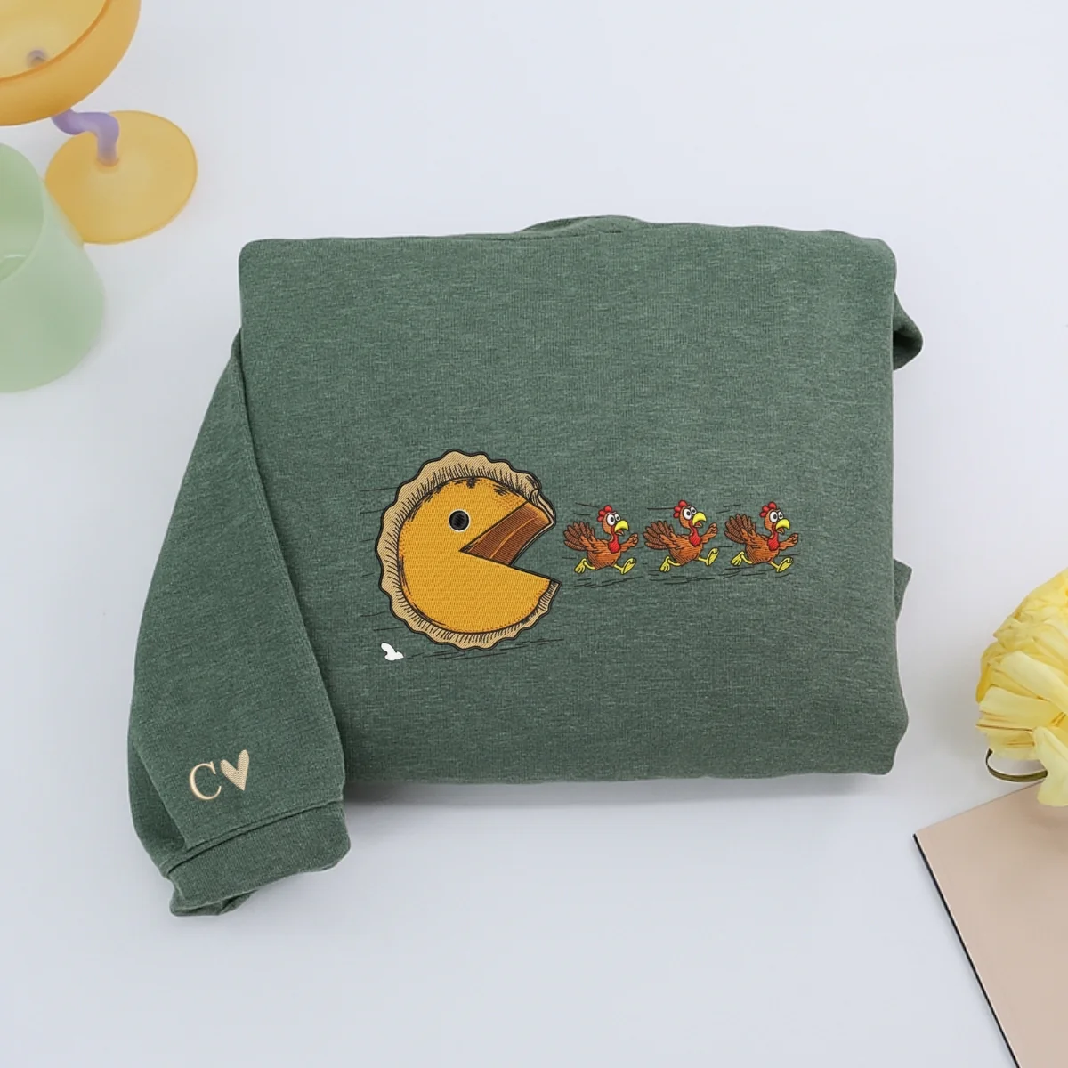 Custom Embroidered Pumpkin Pie Chasing Turkeys Hoodie | Funny Thanksgiving Sweatshirt β Fall Humor Embroidery Gift - Image 4