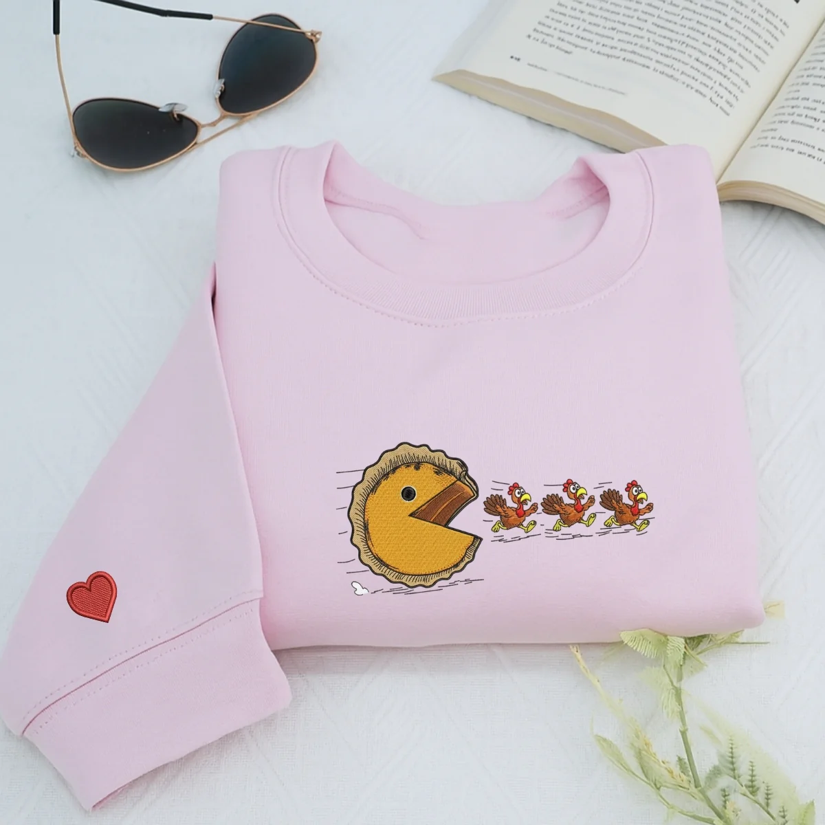 Custom Embroidered Pumpkin Pie Chasing Turkeys Hoodie | Funny Thanksgiving Sweatshirt β Fall Humor Embroidery Gift - Image 5