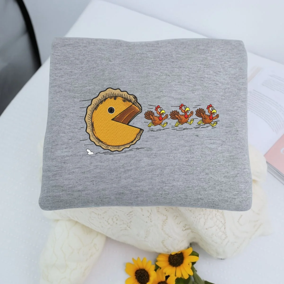 Custom Embroidered Pumpkin Pie Chasing Turkeys Hoodie | Funny Thanksgiving Sweatshirt β Fall Humor Embroidery Gift - Image 6