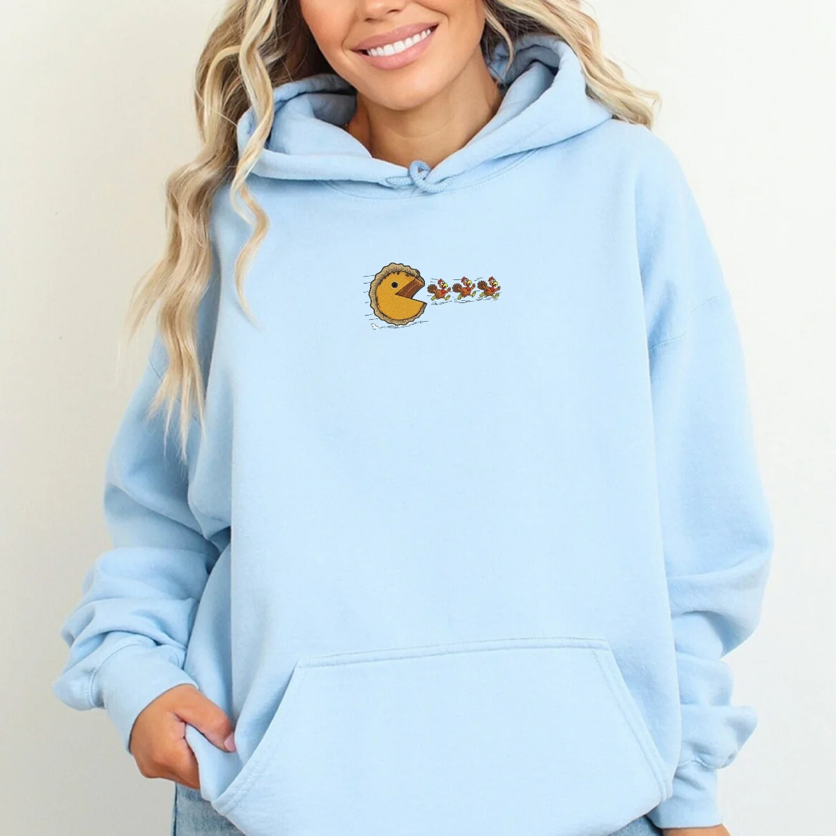 Custom Embroidered Pumpkin Pie Chasing Turkeys Hoodie | Funny Thanksgiving Sweatshirt β Fall Humor Embroidery Gift - Image 7
