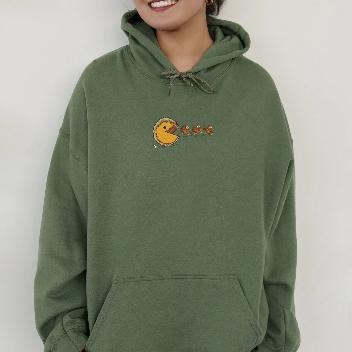 Custom Embroidered Pumpkin Pie Chasing Turkeys Hoodie | Funny Thanksgiving Sweatshirt β Fall Humor Embroidery Gift - Image 8