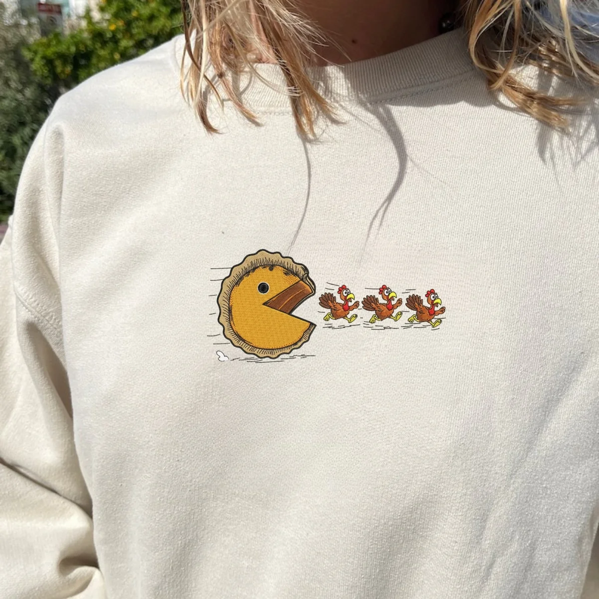 Custom Embroidered Pumpkin Pie Chasing Turkeys Hoodie | Funny Thanksgiving Sweatshirt β Fall Humor Embroidery Gift - Image 9