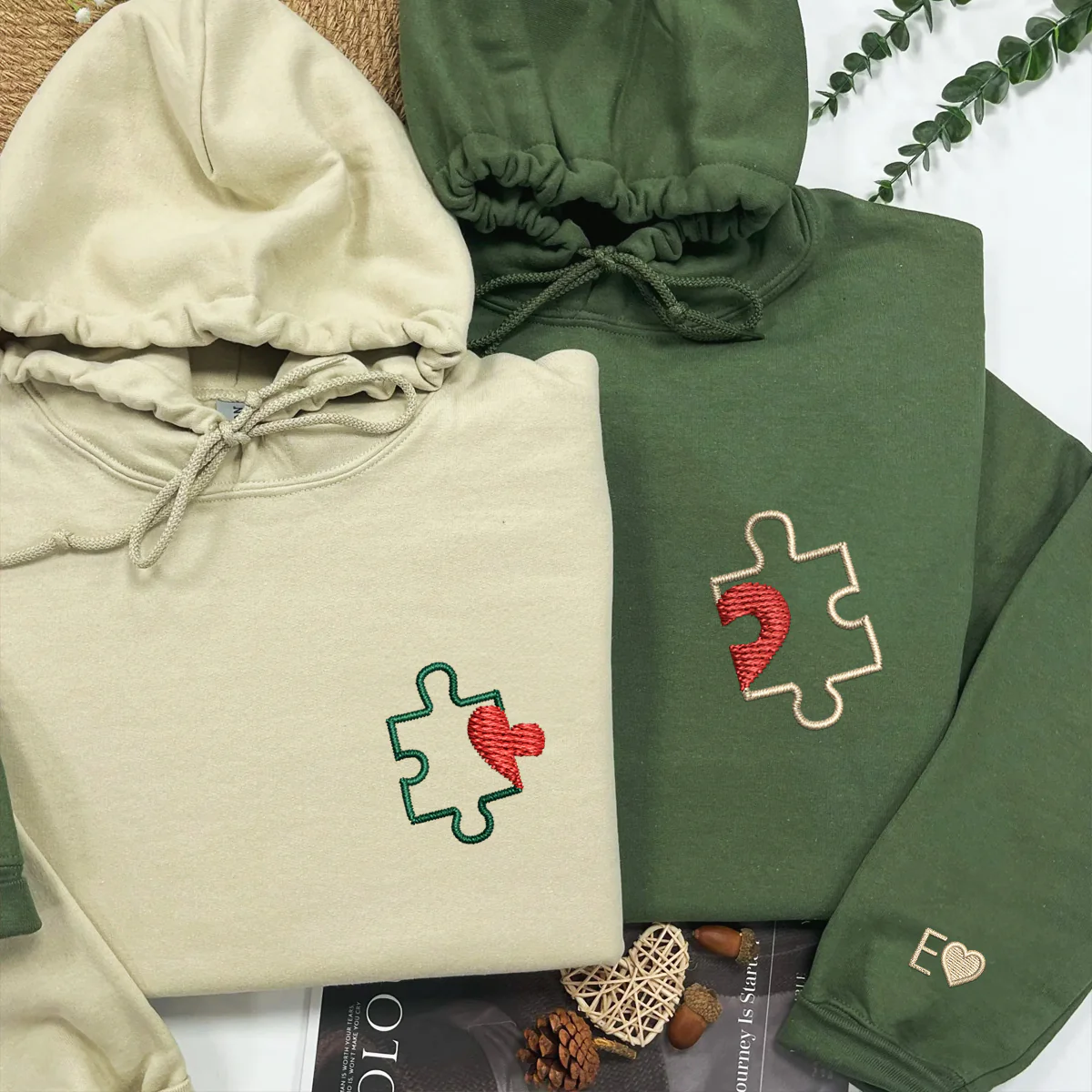 Custom Embroidered Puzzle Heart Matching Hoodies for Couples - Image 5