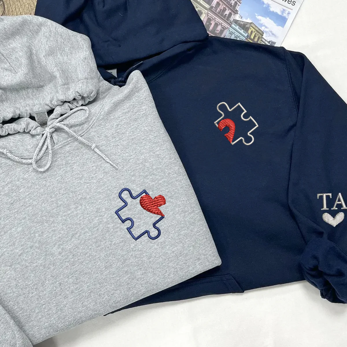 Custom Embroidered Puzzle Heart Matching Hoodies for Couples - Image 6