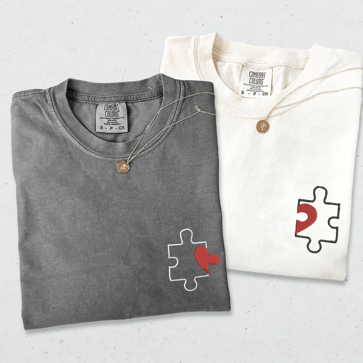 Custom Embroidered Puzzle Heart Matching T-shirts for Couples - Image 3