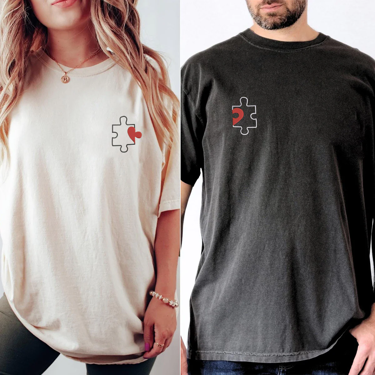 Custom Embroidered Puzzle Heart Matching T-shirts for Couples - Image 6