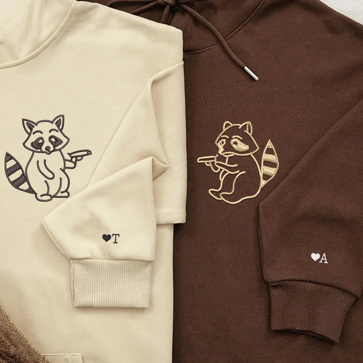 Custom Embroidered Racoon Guns Matching Hoodies for Couples - Image 5