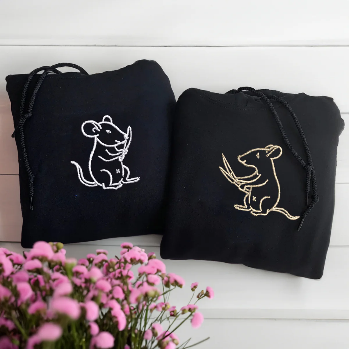 Custom Embroidered Rats with Knives Matching Hoodies for Couples - Image 3