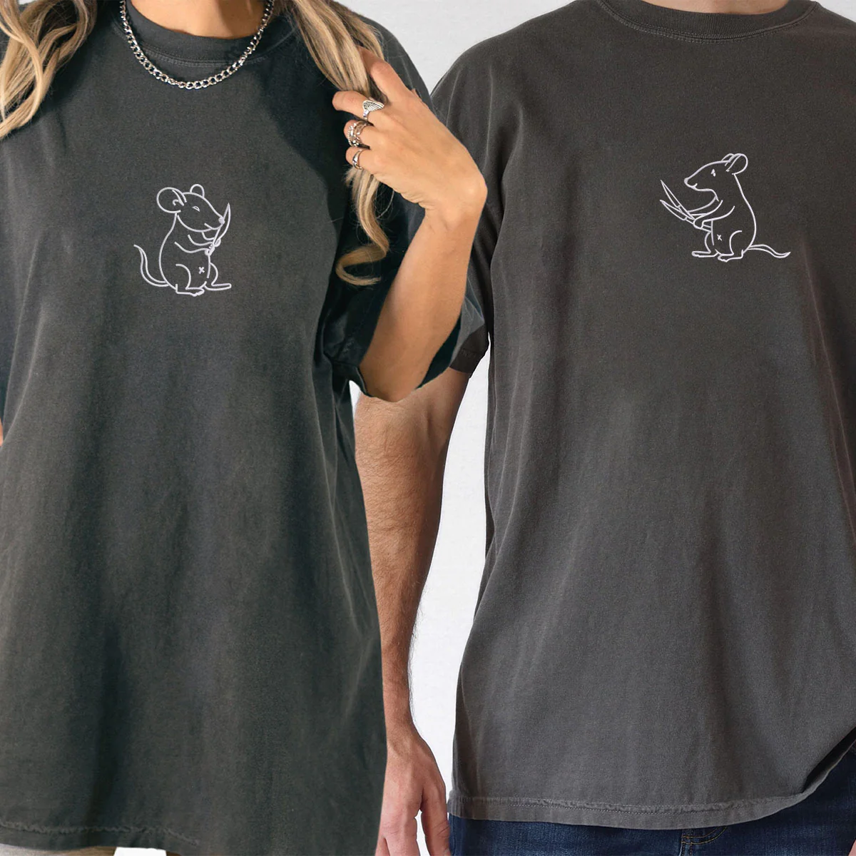 Custom Embroidered Rats with Knives Matching T-shirts for Couples - Image 6