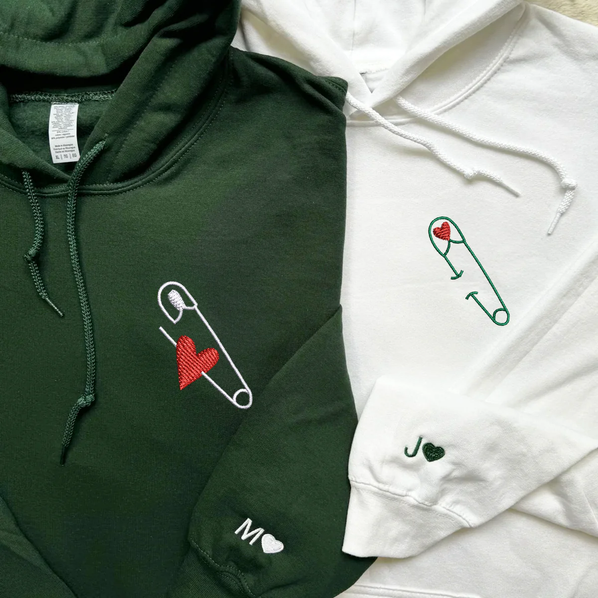 Custom Embroidered Safety Pin Love Matching Hoodies for Couples - Image 4