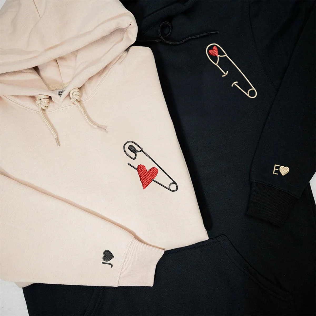 Custom Embroidered Safety Pin Love Matching Hoodies for Couples - Image 5