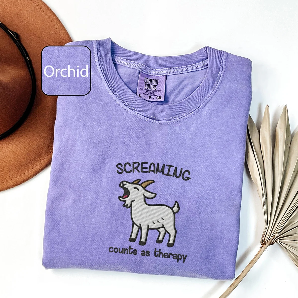 Custom Embroidered Screaming Counts as Therapy T-Shirt – Funny Goat Embroidered Tee - Image 2