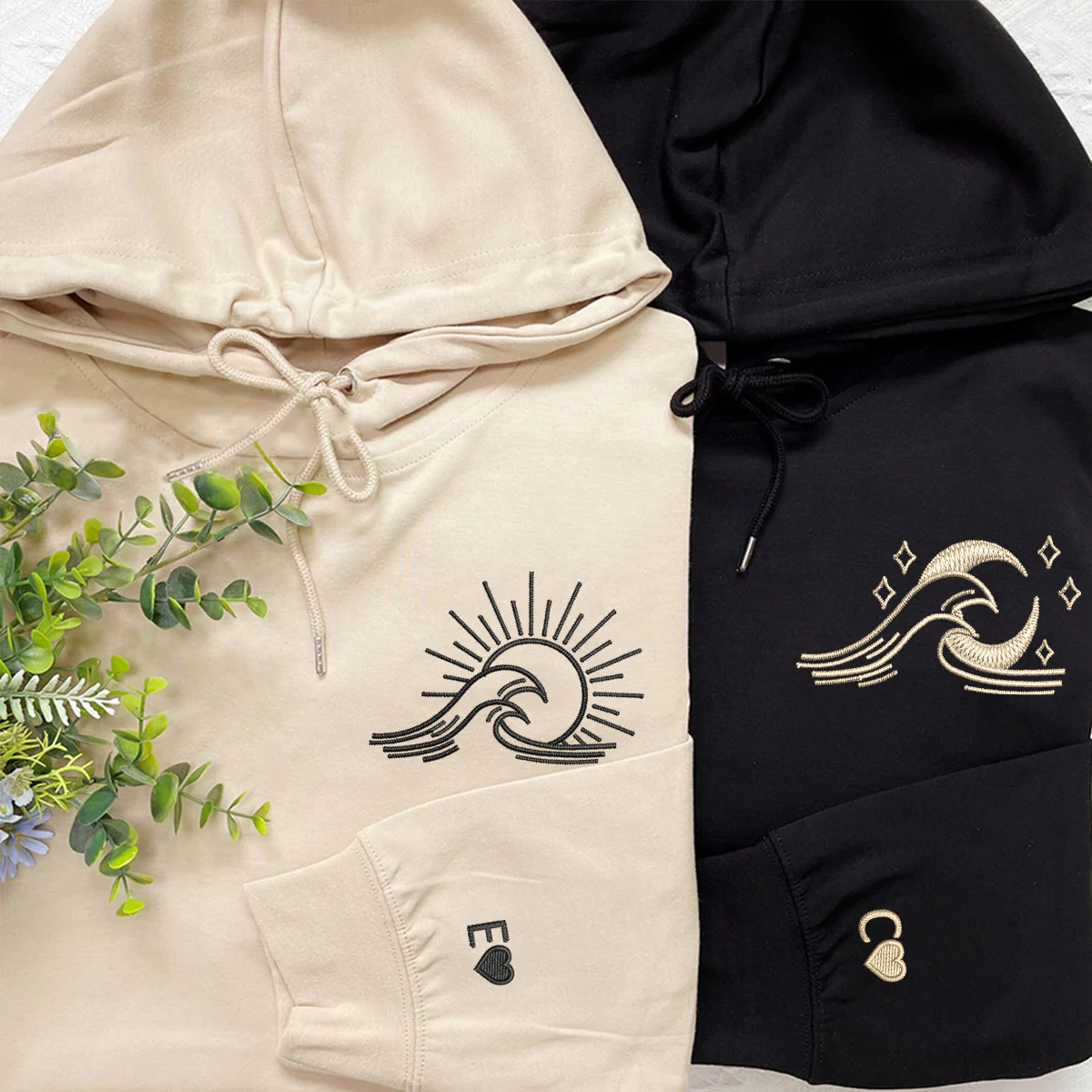 Custom Embroidered Sea Wave Sun And Moon Matching Hoodies for Couples - Image 2