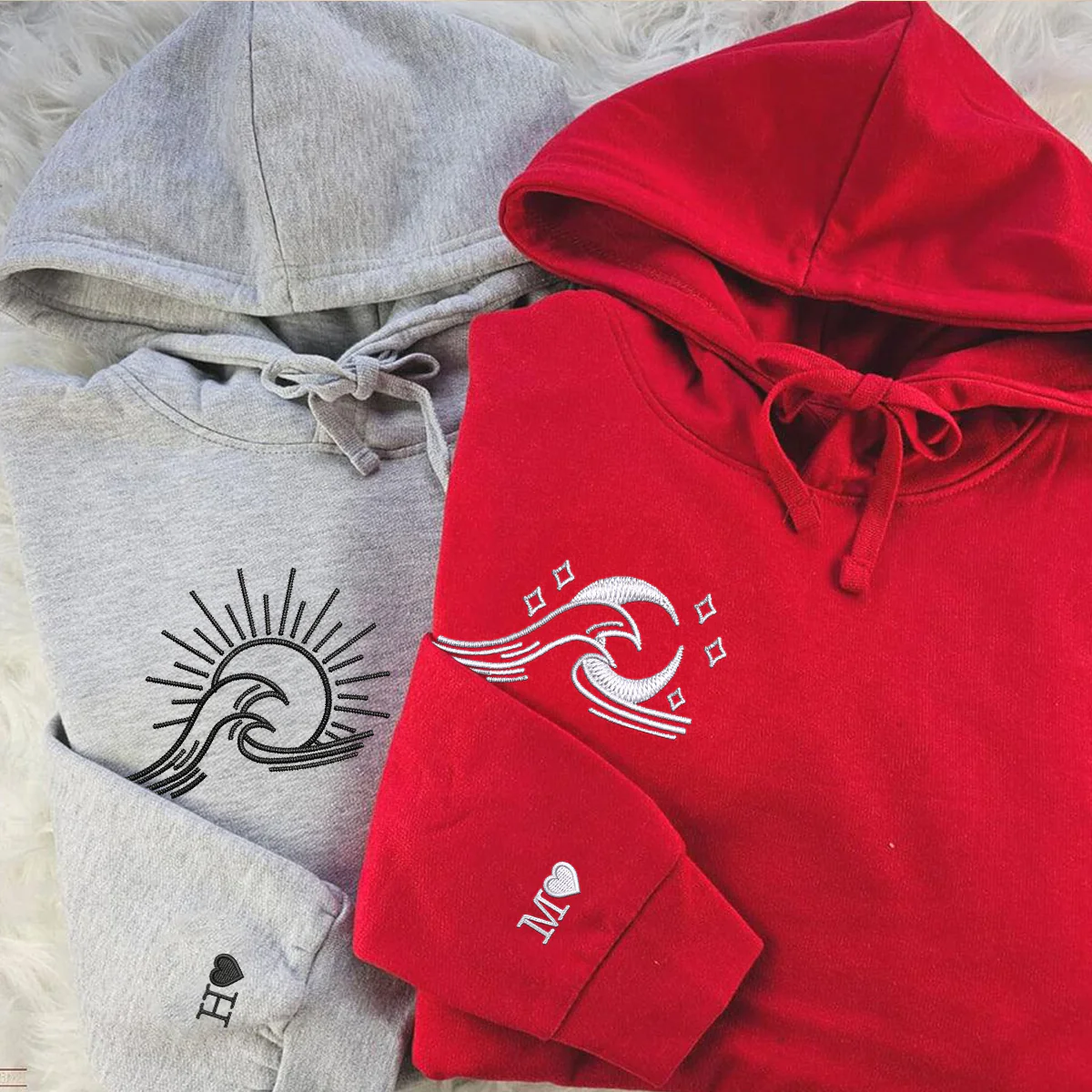 Custom Embroidered Sea Wave Sun And Moon Matching Hoodies for Couples - Image 5