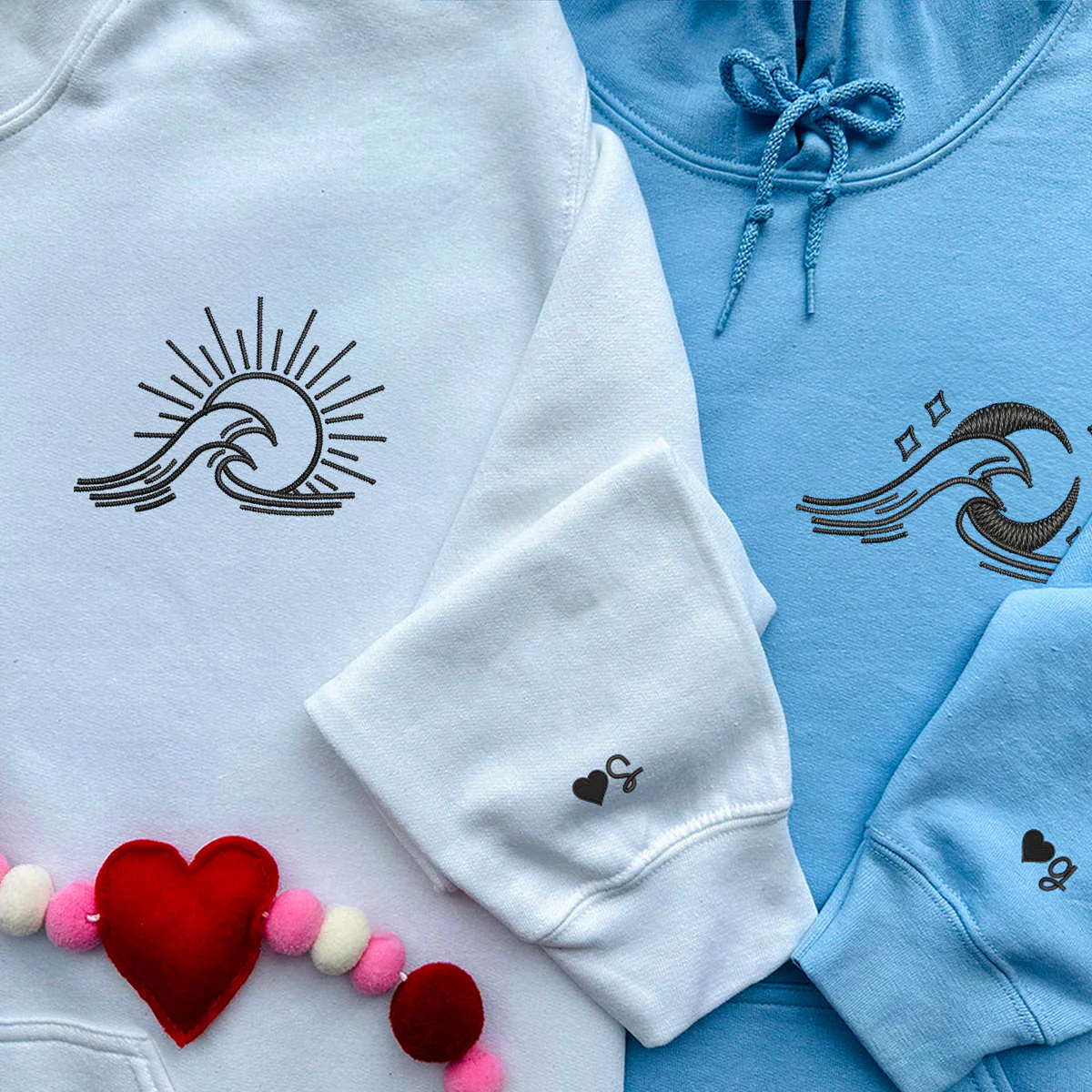 Custom Embroidered Sea Wave Sun And Moon Matching Hoodies for Couples - Image 8