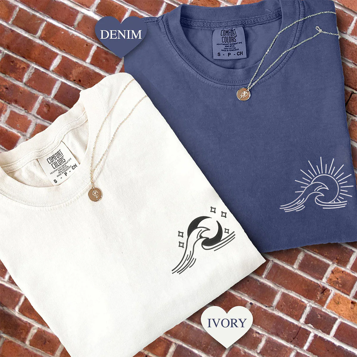 Custom Embroidered Sea Wave Sun And Moon Matching T-shirts for Couples