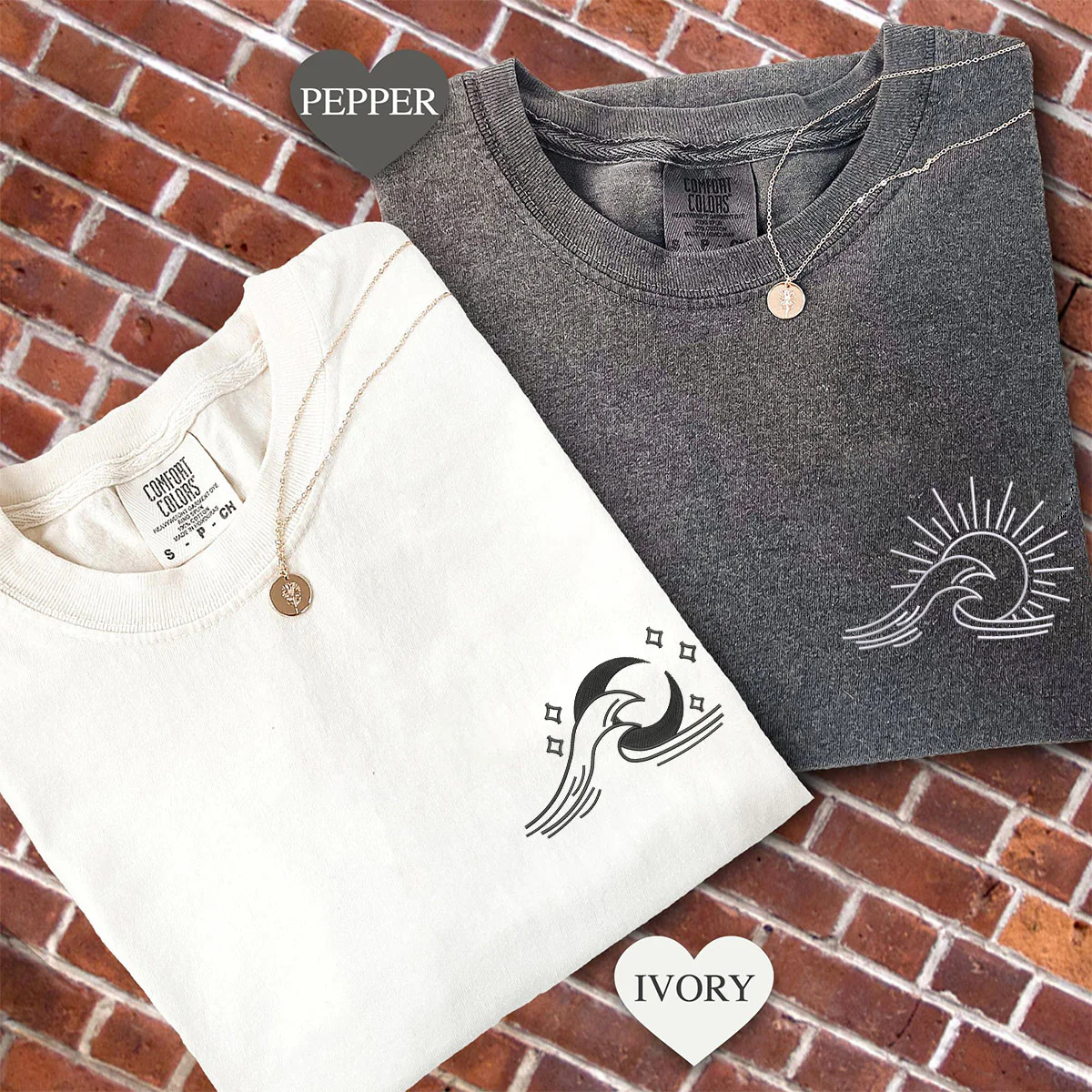 Custom Embroidered Sea Wave Sun And Moon Matching T-shirts for Couples - Image 2