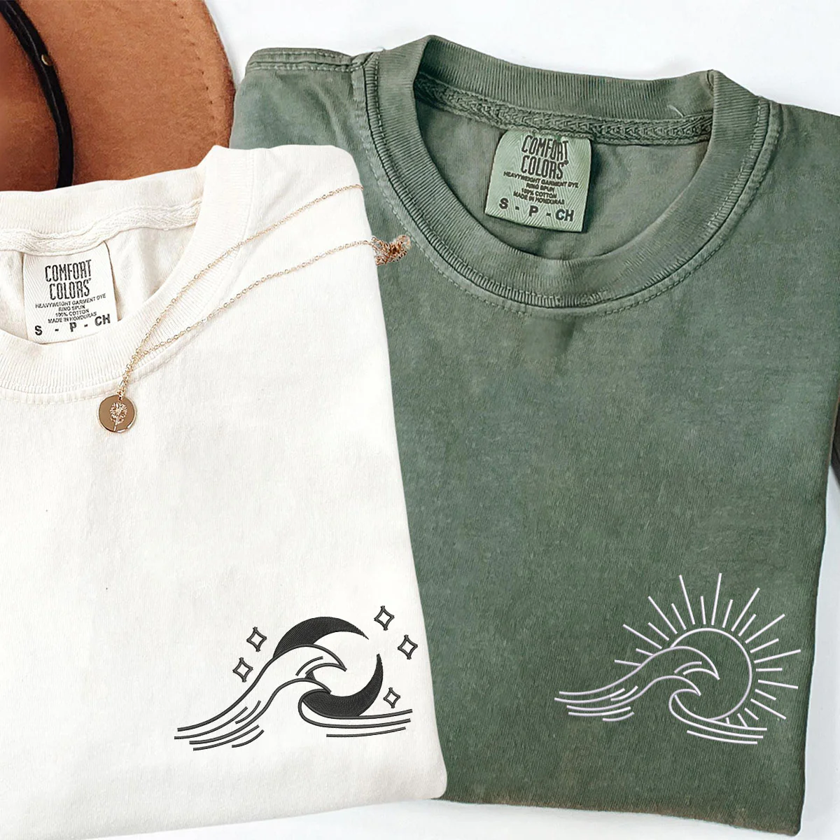 Custom Embroidered Sea Wave Sun And Moon Matching T-shirts for Couples - Image 3