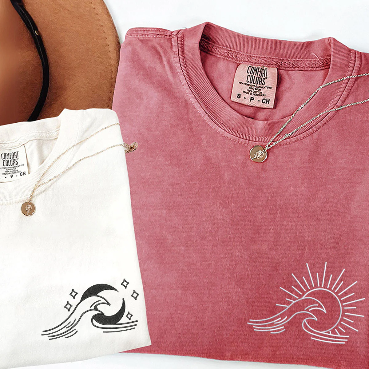 Custom Embroidered Sea Wave Sun And Moon Matching T-shirts for Couples - Image 4