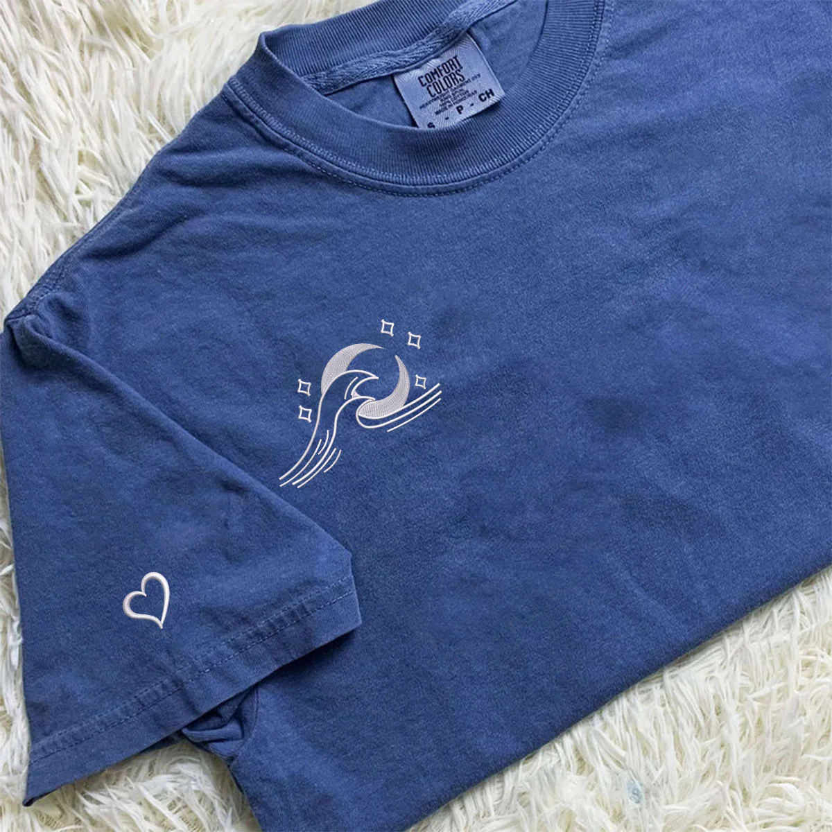 Custom Embroidered Sea Wave Sun And Moon Matching T-shirts for Couples - Image 5