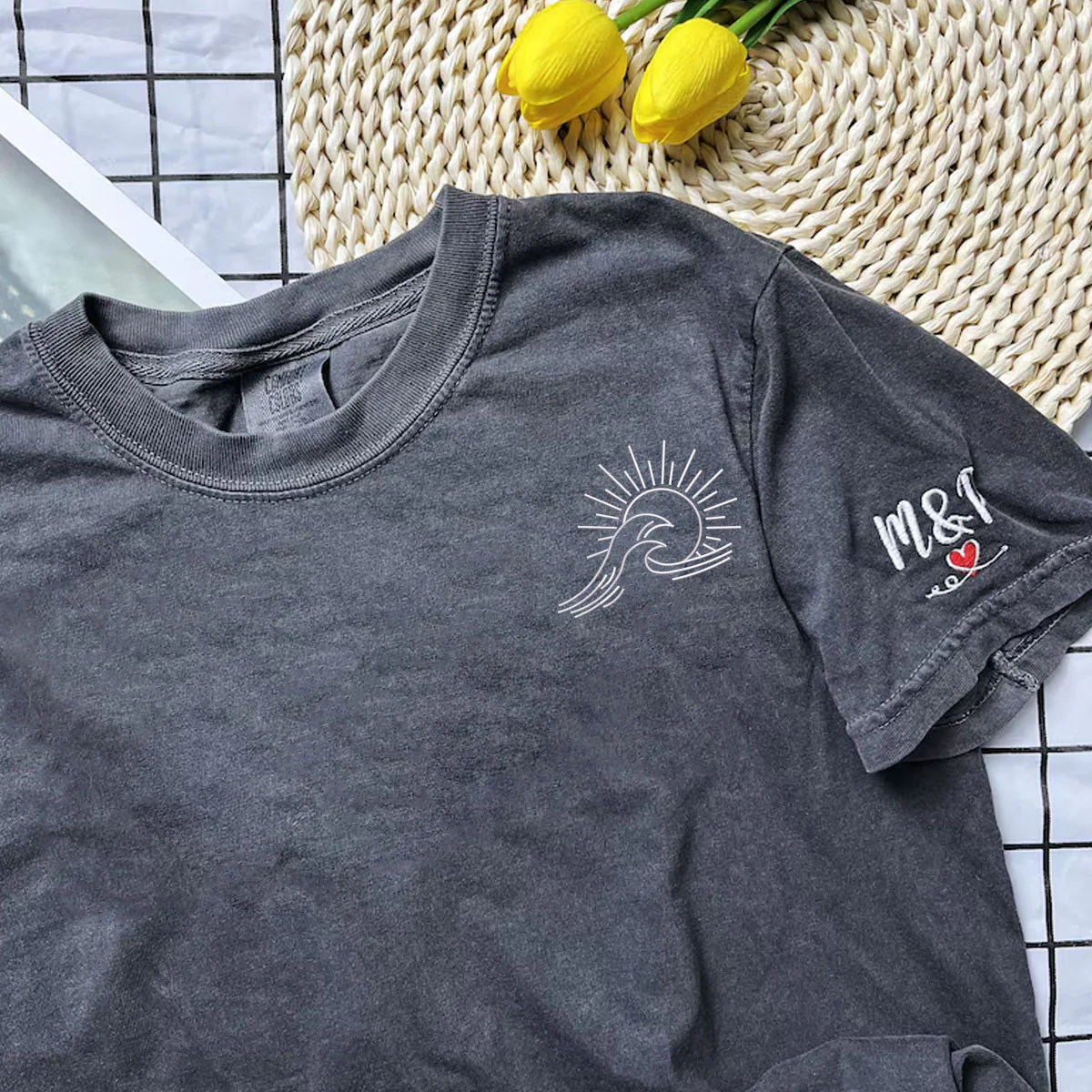Custom Embroidered Sea Wave Sun And Moon Matching T-shirts for Couples - Image 6