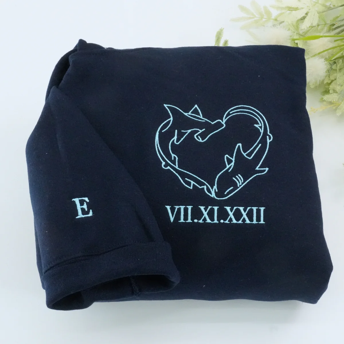 Custom Embroidered Shark Love Roman Numeral Matching Hoodies for Couples - Image 2