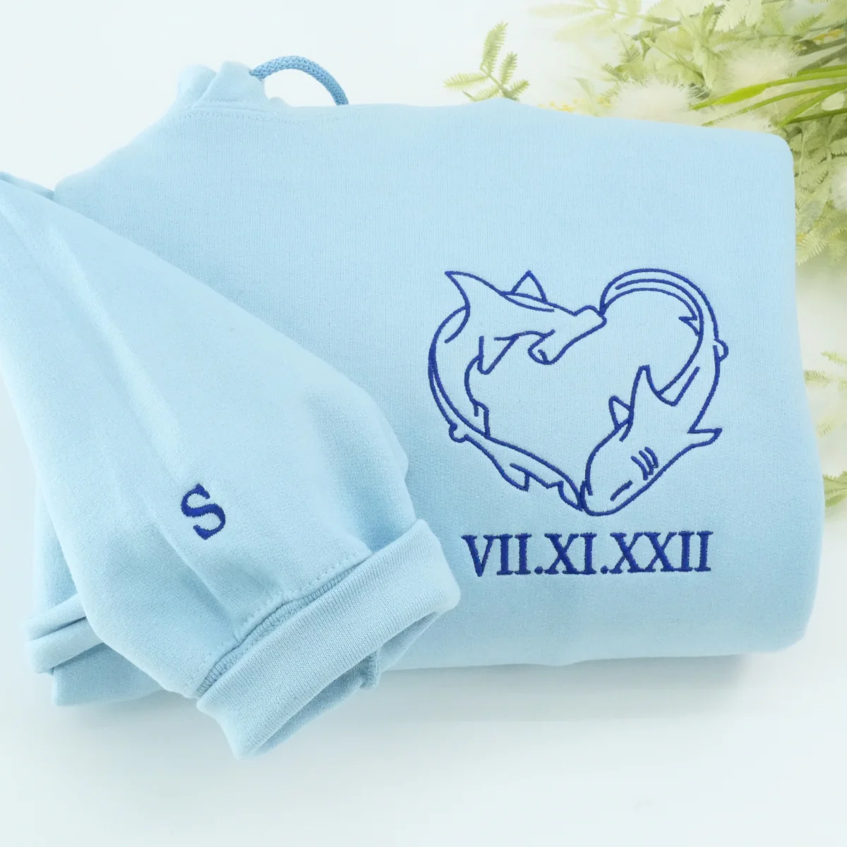 Custom Embroidered Shark Love Roman Numeral Matching Hoodies for Couples - Image 3