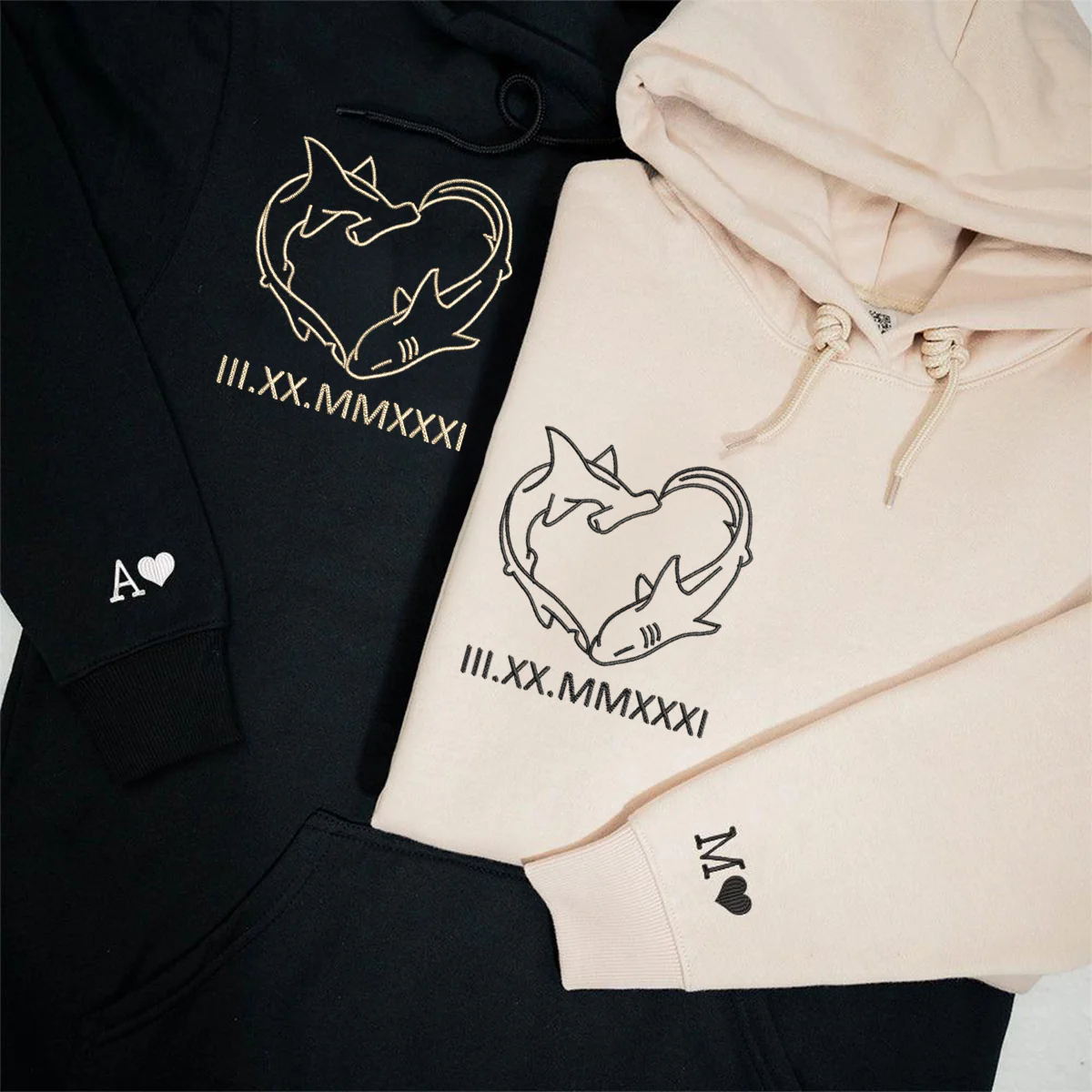 Custom Embroidered Shark Love Roman Numeral Matching Hoodies for Couples - Image 5