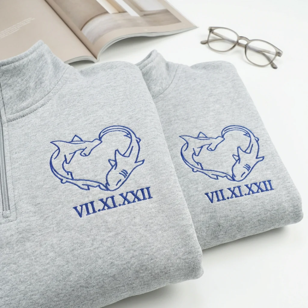 Custom Embroidered Shark Love Roman Numeral Matching Quarter Zip Sweatshirts & Full-Zip Hoodie for Couples - Image 2