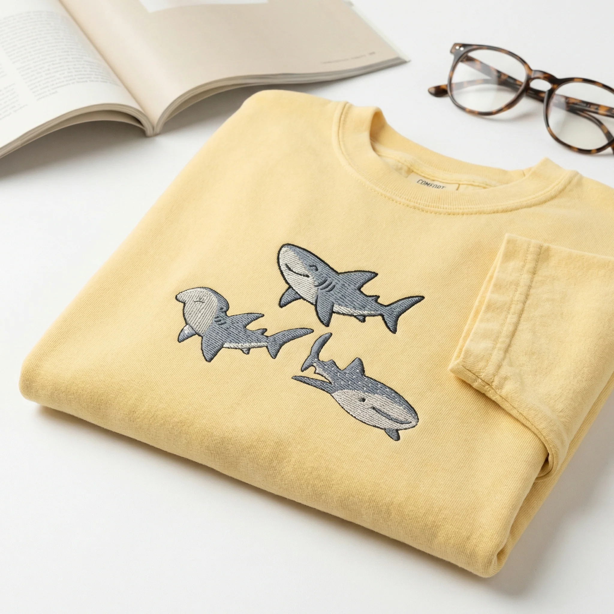 Custom Embroidered Sharks T-Shirt - Cute Ocean Animal Marine Life Tee