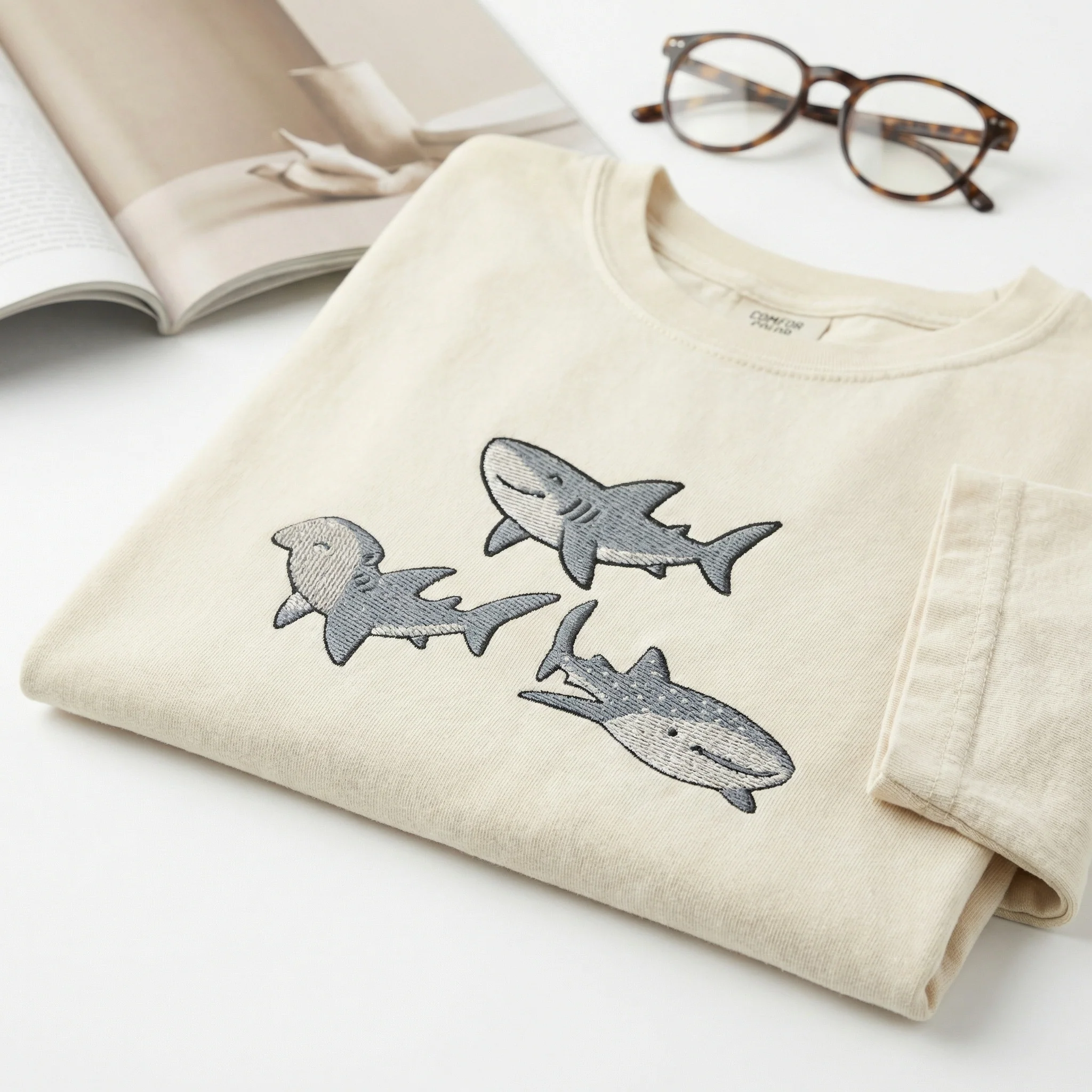 Custom Embroidered Sharks T-Shirt - Cute Ocean Animal Marine Life Tee - Image 4