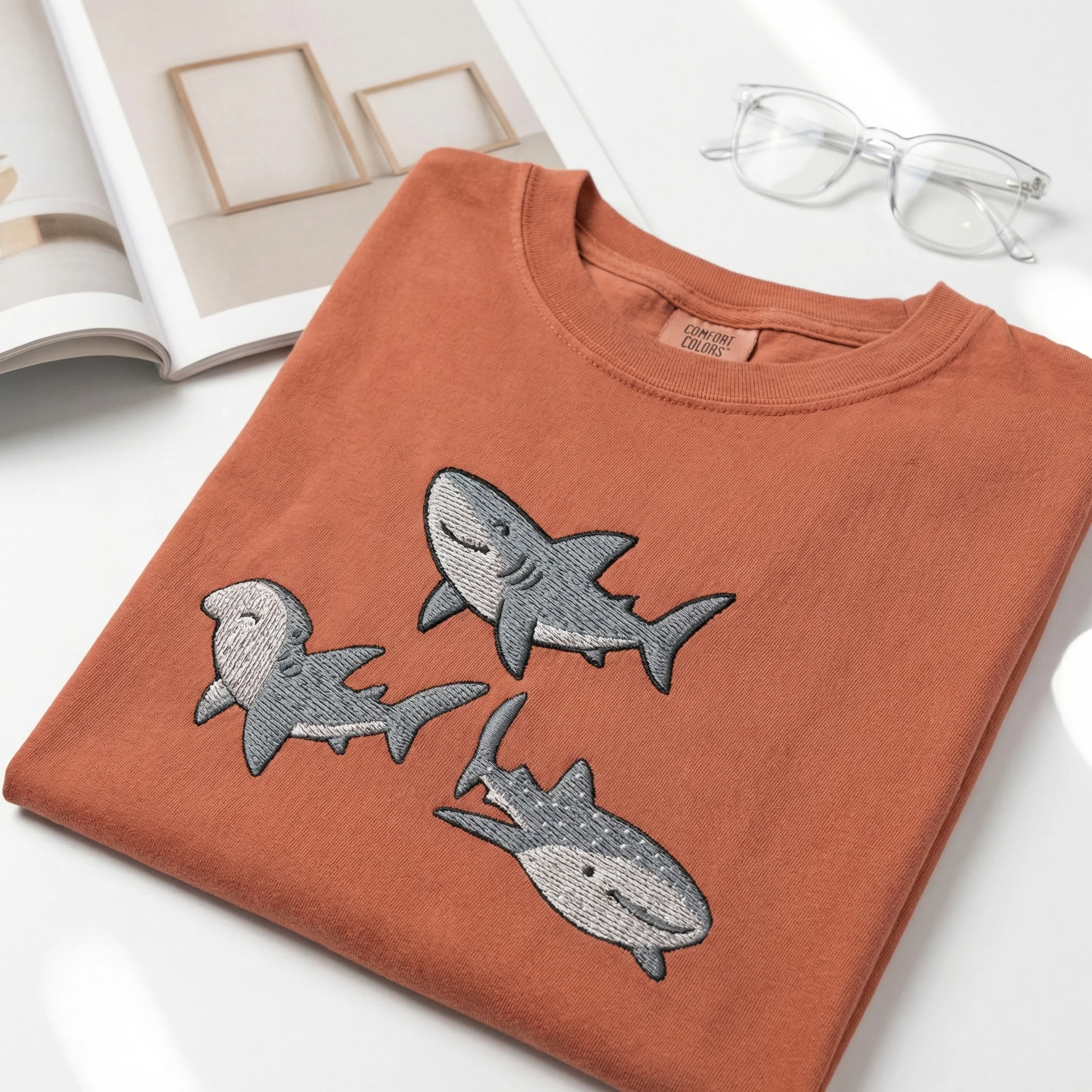 Custom Embroidered Sharks T-Shirt - Cute Ocean Animal Marine Life Tee - Image 5