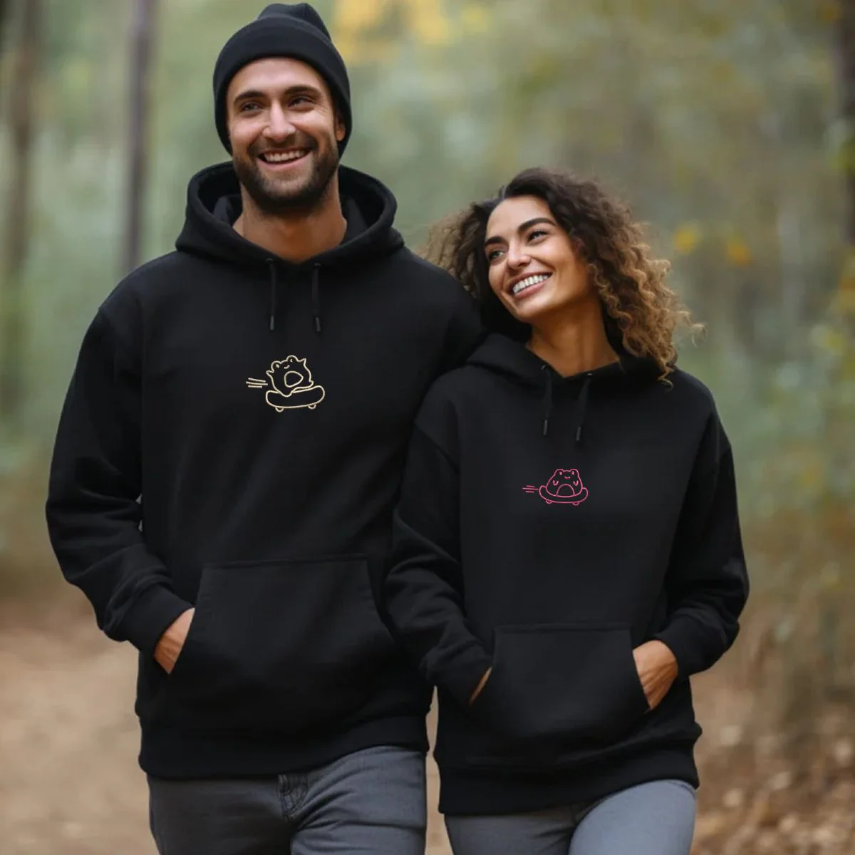 Custom Embroidered Skateboard Frog Matching Hoodies for Couples - Image 7