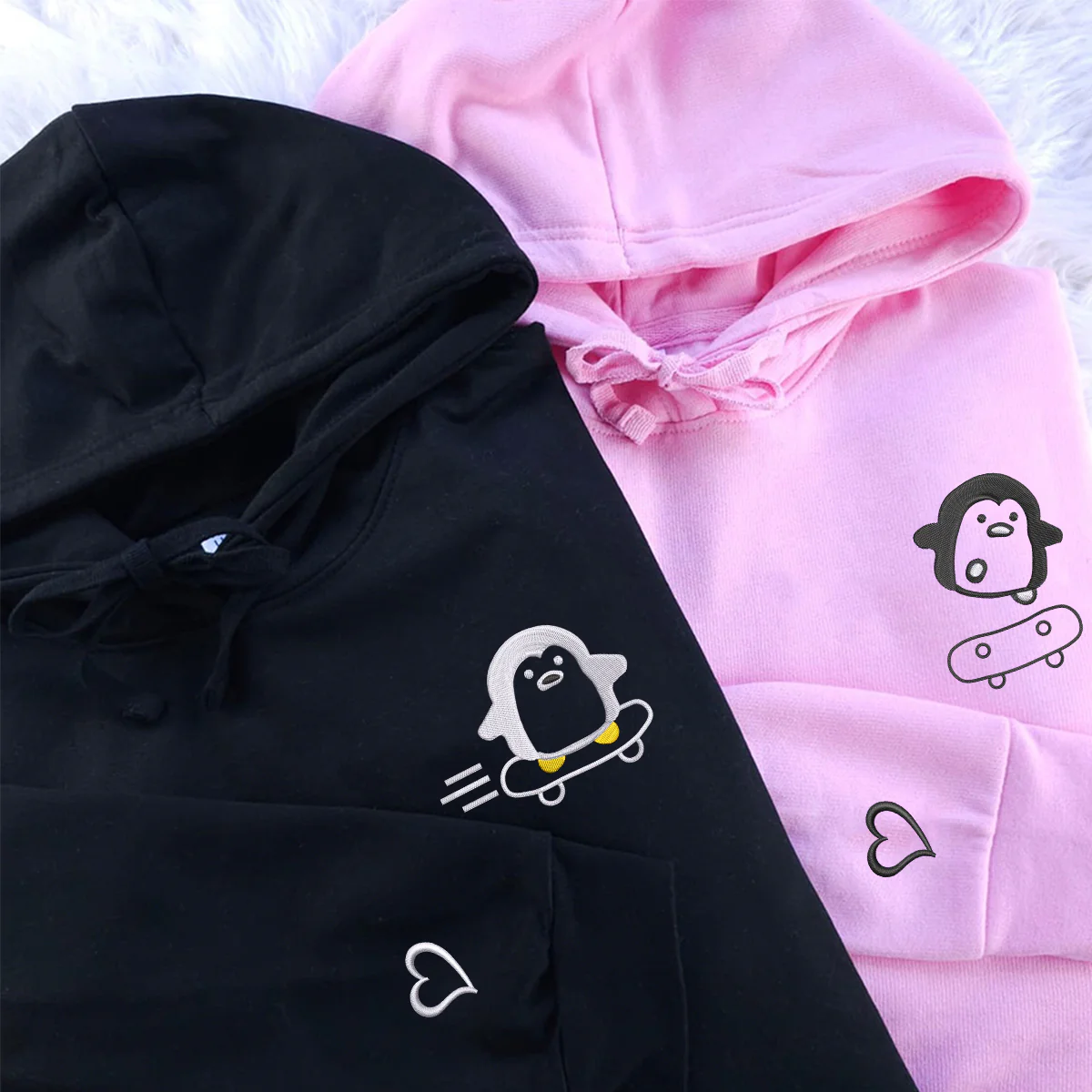 Custom Embroidered Skateboard Penguin Matching Hoodies for Couples - Image 2