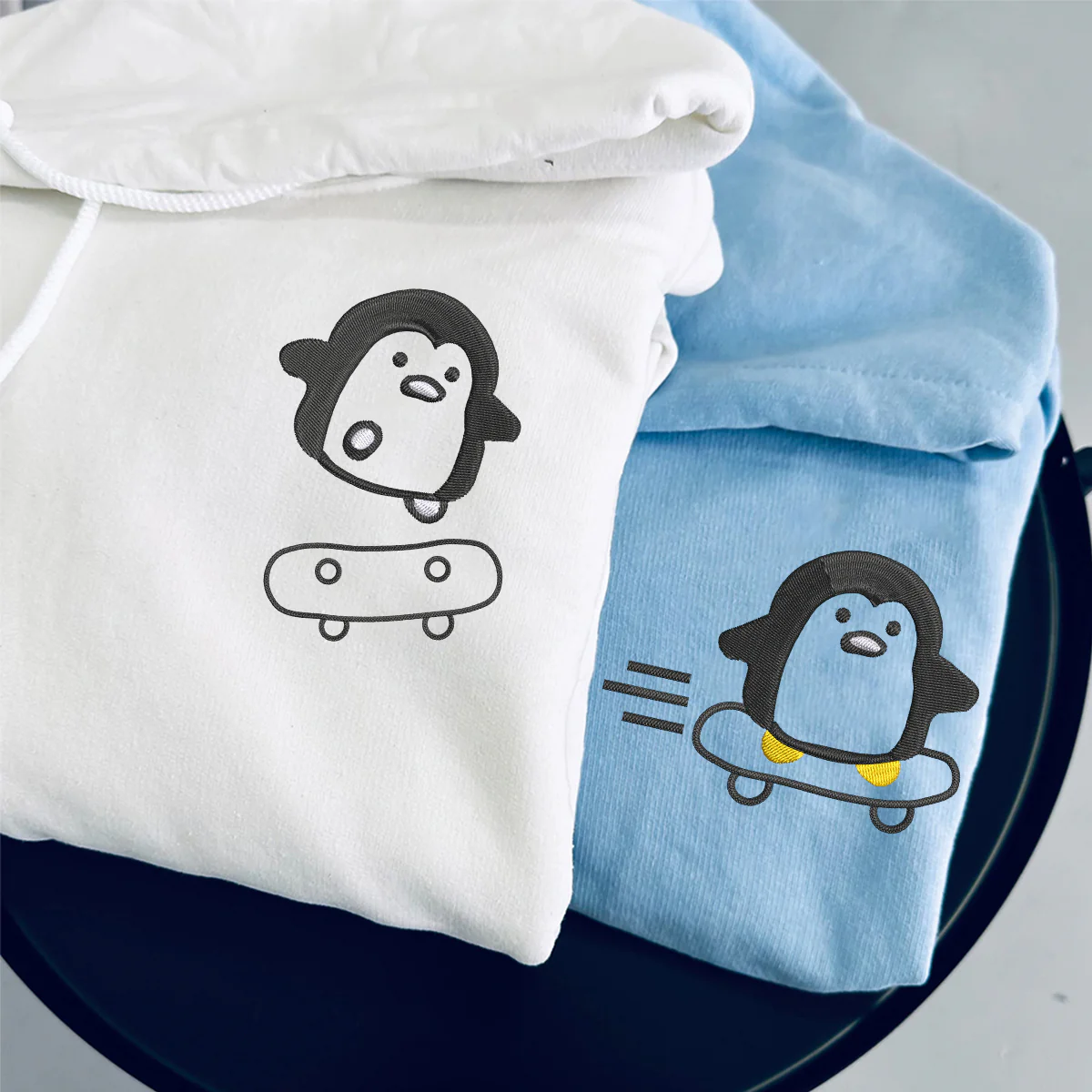 Custom Embroidered Skateboard Penguin Matching Hoodies for Couples - Image 3