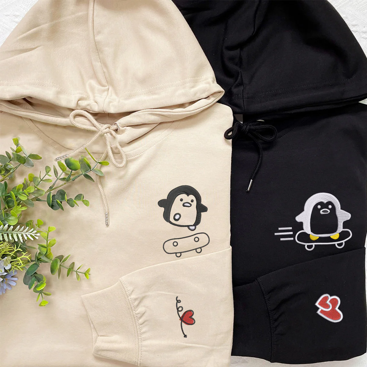 Custom Embroidered Skateboard Penguin Matching Hoodies for Couples - Image 4